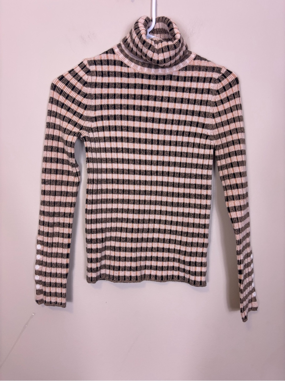 Maeve Anthropologie Tan and Black Striped Ribbed Turtleneck Sweater XS